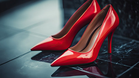 A pair of stylish red shoes with high heels, making a bold fashion statement on a sleek black surfaceの素材