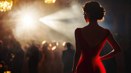 A glamorous woman in a sleek red dress standing under the spotlight at a formal event, capturing everyone's attentionの素材