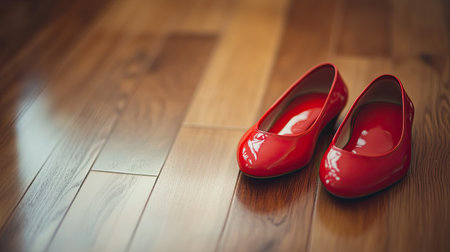 A pair of classic red ballet flats sitting on a polished wooden floor, adding a touch of elegance to any outfitの素材