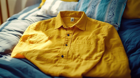 A casual yellow shirt folded neatly on a bed, ready to be worn for a bright and cheerful dayの素材