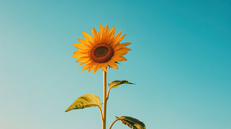 A single yellow sunflower standing tall against a bright blue sky, symbolizing happiness and warmthの素材