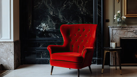 A luxurious red velvet armchair in an elegant room, adding a pop of color and comfort to the spaceの素材