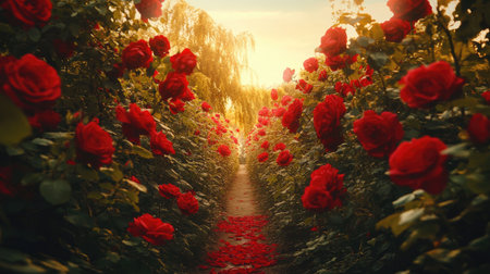 A red rose garden in full bloom, with hundreds of roses creating a romantic and picturesque settingの素材