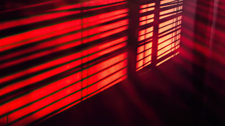 A creative photography session featuring deep red shadows cast by light through blinds, creating abstract and moody visualsの素材