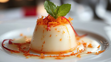 A refreshing orange flavor bursting in a citrus dessert, garnished with mint leaves and orange zest, served on a delicate plateの素材