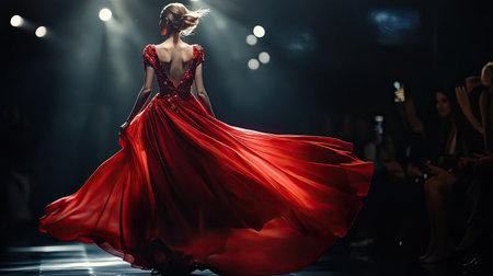 A glamorous red dress flowing elegantly on a runway model, catching the light and attention of the audienceの素材