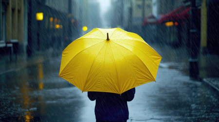 A yellow umbrella being held up on a rainy day, standing out against the grey sky and wet streetsの素材