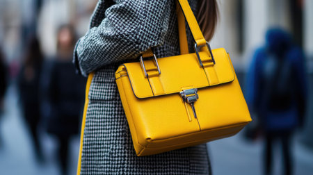 A trendy yellow bag paired with casual chic outfits, making a bold fashion statementの素材