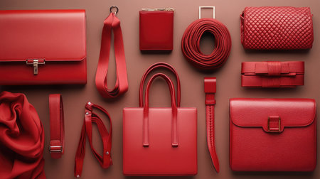A set of red accessories, including handbags, belts, and scarves, arranged on a sleek surface, adding bold accents to any outfitの素材