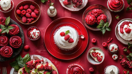 A vibrant red food spread featuring beautifully plated dishes like raspberry pavlova and red velvet cupcakes, perfect for a culinary showcaseの素材