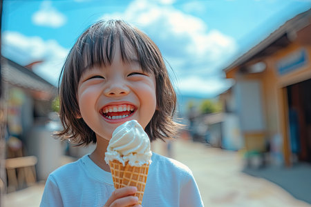 A child enjoying an ice cream cone on a sunny day, smile on their face, carefreeの素材