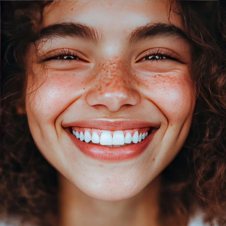 Close-up of a smiling person with teeth showing, joyful and relaxed expressionの素材