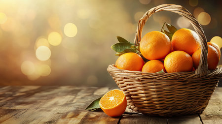 A basket of oranges with a rustic, handwoven design, sitting on a wooden table ready for a homemade citrus feastの素材