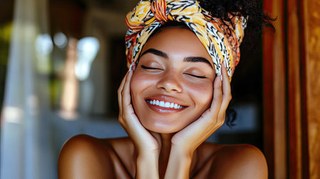 A woman enjoying her fresh skin care routine, glowing and radiant skinの素材