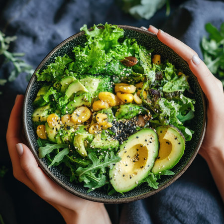 Eating a bowl of fresh salad, filled with greens and avocado, vibrant and healthyの素材