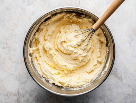 A rich cake mix, fluffy and smooth in a mixing bowl, ready for bakingの素材