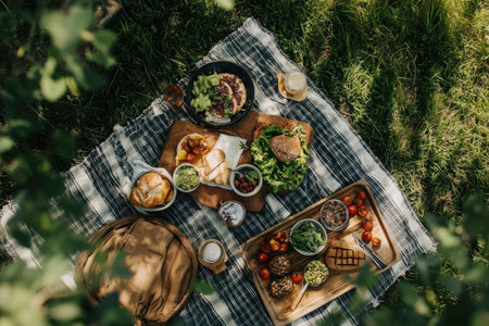 Eating outdoors at a picnic, surrounded by nature and fresh airの素材