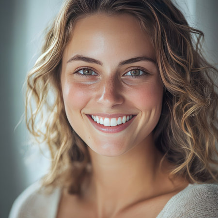 Close-up portrait of a smiling woman, natural lighting and soft backgroundの素材
