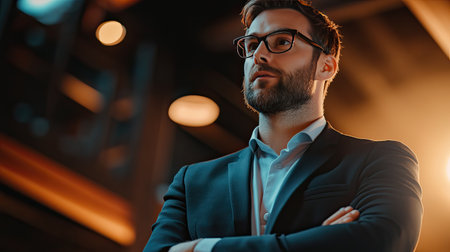 Executive manager giving a presentation, serious and focused, business settingの素材