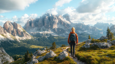 A hiker enjoying the outdoors, surrounded by mountains and nature, serene momentの素材