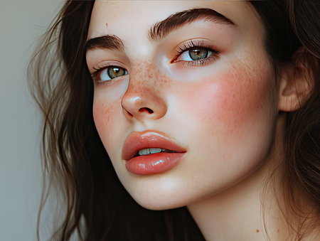 A young woman with fresh skin care routine, glowing and healthy, minimal makeupの素材