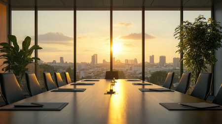 Executive boardroom with a large table, high-level meeting in progress, modern settingの素材