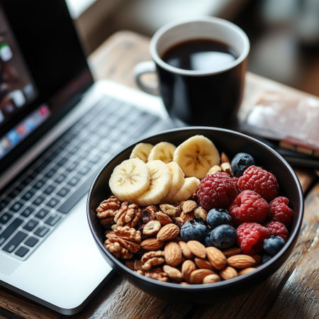 Eating a snack while working, a small bowl of nuts and fruit beside a laptopの素材