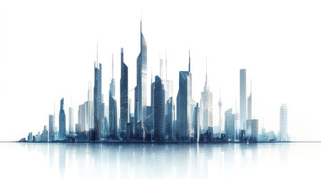 Isolated city skyline, futuristic buildings on a white backdrop, minimalistic styleの素材
