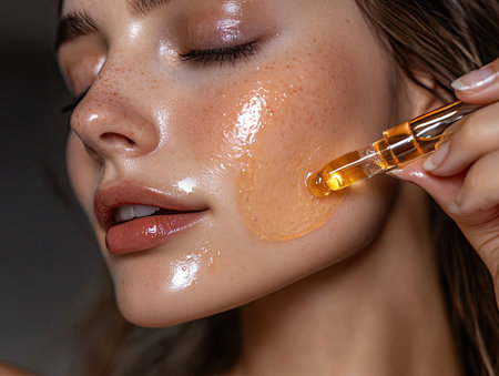 A woman applying fresh skin serum, closeup of glowing, hydrated skinの素材