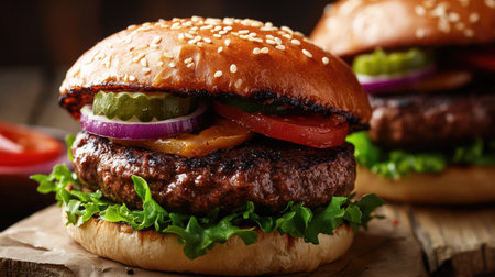 A juicy beef burger with all the toppings, ready to be served at a casual barbecueの素材