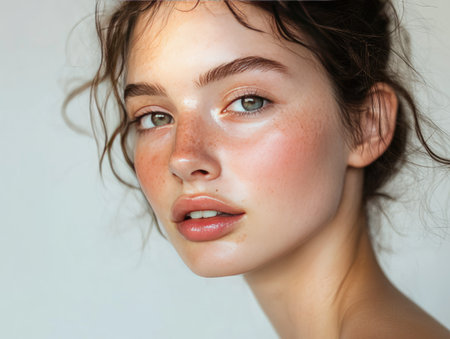 Fresh skin with healthy glow, no makeup, soft and dewy texture, natural beautyの素材