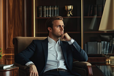 Executive businessman sitting in a formal office, deep in thought, elegant surroundingsの素材