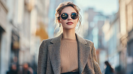 Fashion-forward woman in a chic outfit, walking through the city, confident and stylishの素材