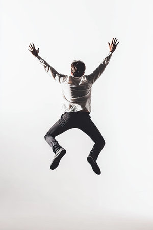 Isolated person jumping in joy, clean white background, minimal shadowの素材