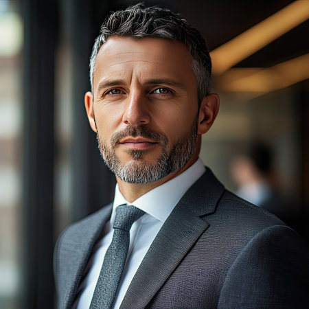 Executive profile shot, close-up of a business leader in formal attire, confident expressionの素材
