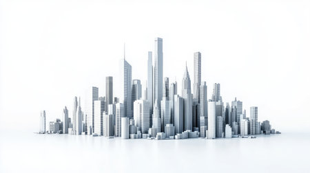 Isolated cityscape showing skyscrapers on a white background, minimal shadowの素材