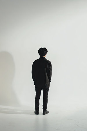 Isolated person standing on a white background, minimal shadows, full body shotの素材