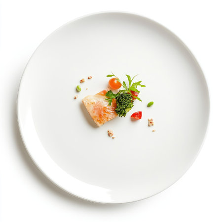 Small white plate with an appetizer, isolated on a clean white backdropの素材
