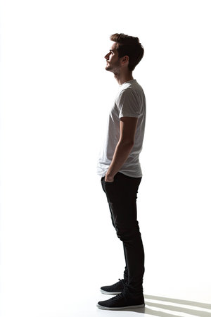 Isolated person standing on a white background, minimal shadows, full body shotの素材