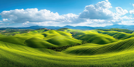 Panoramic view of rolling hills, stretching into the distance, filled with green meadowsの素材