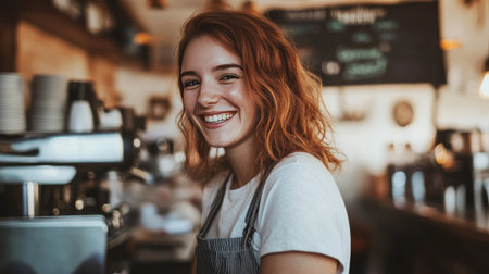 Smiling while working in a cafe, woman with a laptop, happy and focusedの素材