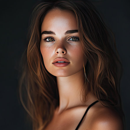 Portrait of a woman with soft lighting, natural makeup, and a confident expressionの素材