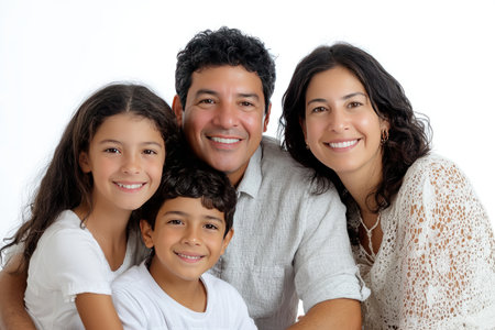 Isolated family of four posing together, casual attire, smiling, on a white backdropの素材