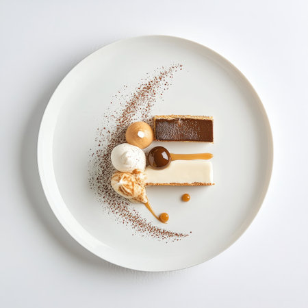 Small plate with a dessert, beautifully arranged on a clean white backgroundの素材