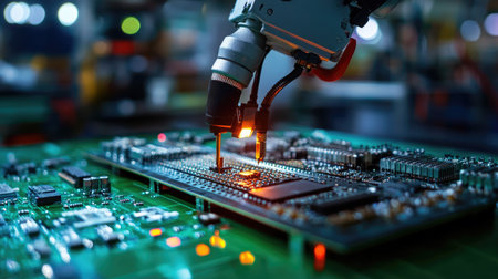 Machine working in a factory, assembling electronics with robotic precisionの素材