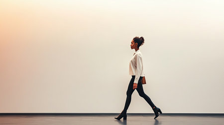 Copy space with a model walking in the background, creating room for fashion or lifestyle textの素材