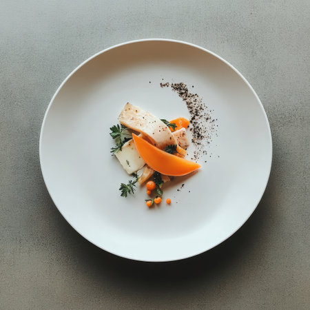 Round white dinner plate with a minimalist meal, clean and modernの素材