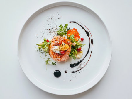 White plate with a gourmet meal, minimal presentation, clean backdropの素材