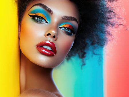 Woman with bold makeup, posing confidently, vibrant colors and dramatic lookの素材