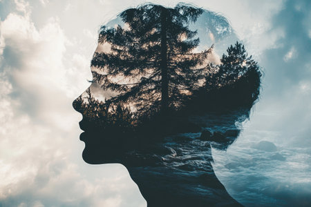 Double exposure with nature, a silhouette filled with the sky, trees, and flowing waterの素材